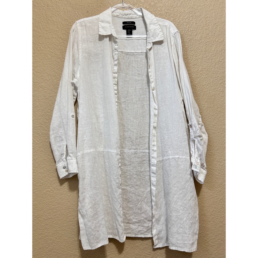 Tahari XL Longline Linen Button Down Shirt White Coastal Minimalist Tunic Slits